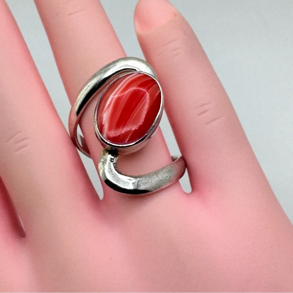 Vintage Mexico Silver Red Faux Carnelian Agate Swirl Ring Statement Sz 9